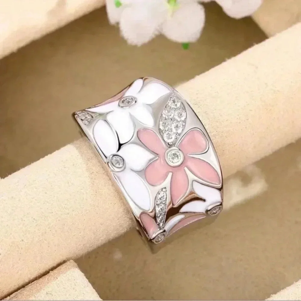 Silver Pink & White Flower Zircon Ring